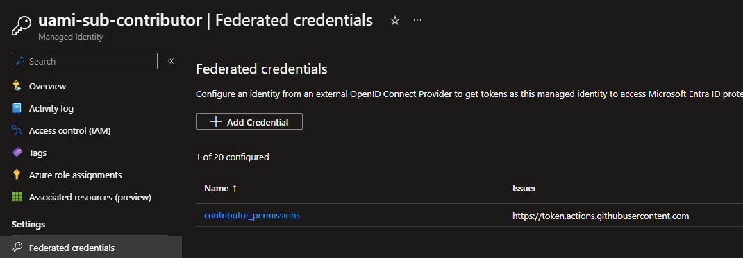 “screenshot of federated credentials on an user-assigned managed identity” 